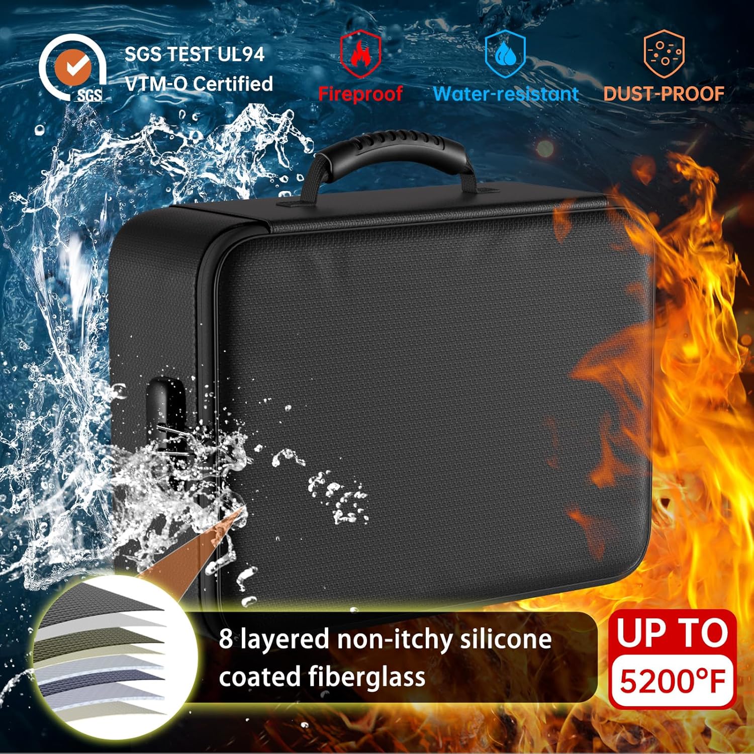 DocSafe 5200°F Document Organizer with Lock,Upgraded Heat Insulated Fireproof&Waterproof Box 8 Layers File Organizer,Portable Home Travel Safe Storage for Important Documents, Files and More