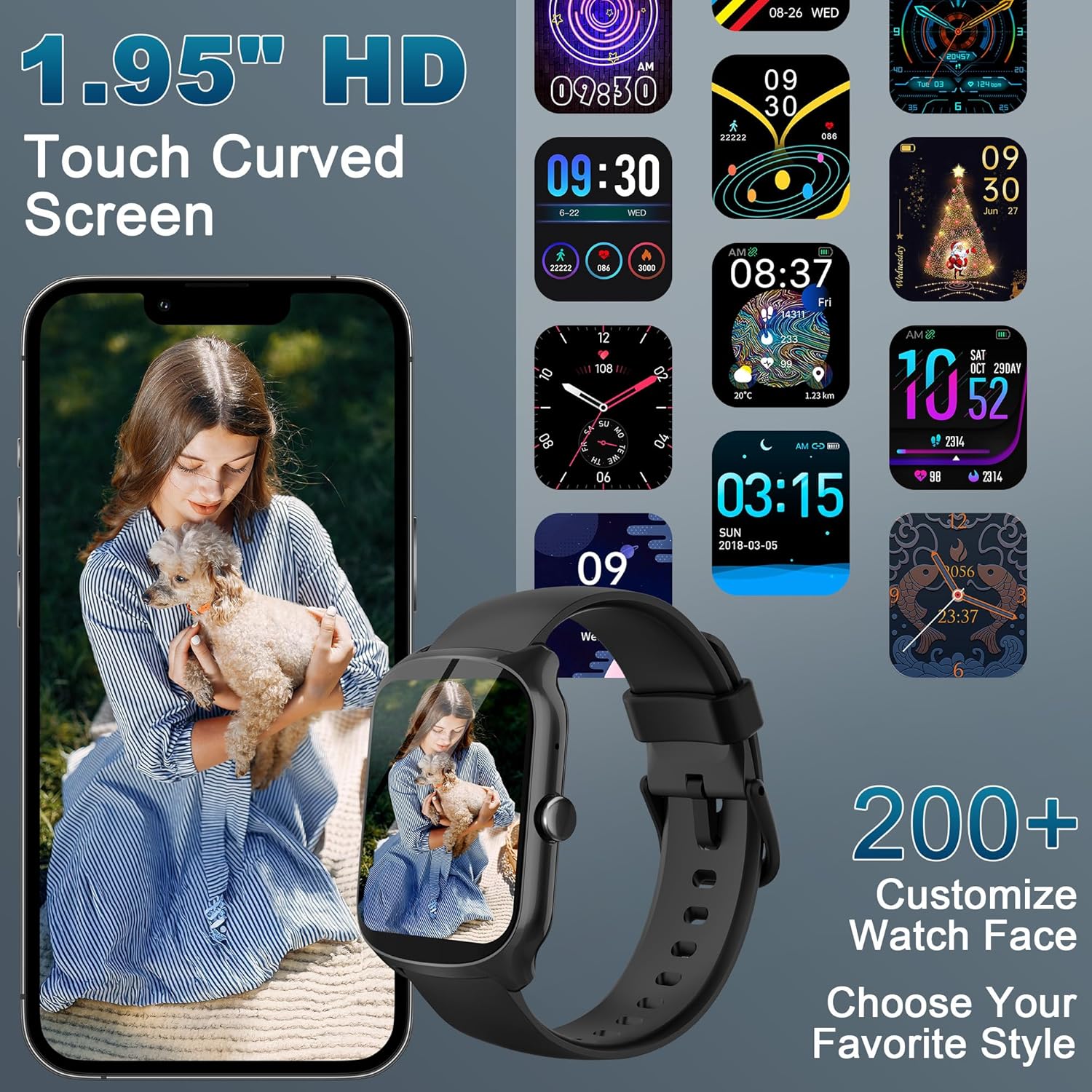 Smart Watch for Men Women, 1.95'' HD Curved Screen Smartwatch(Answer/Make Call), Fitness Tracker with 112 Sport Modes, IP68 Waterproof Fitness Watch with Heart Rate/Sleep Monitor/Pedometer/Calories